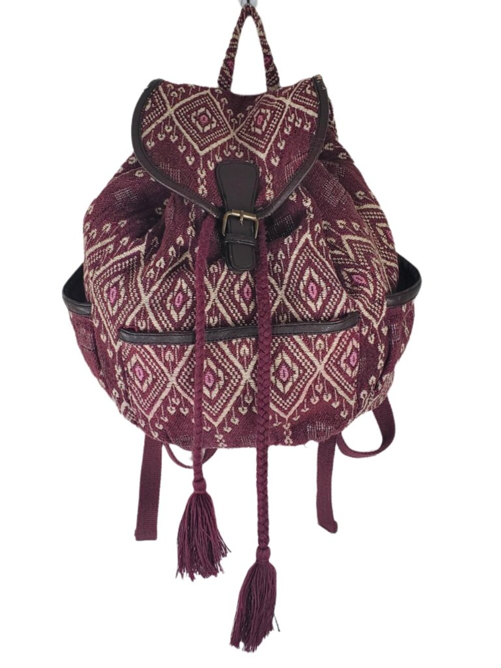 American Eagle Backpack Cinch Drawstring Southwestern Diamond Woven Maroon